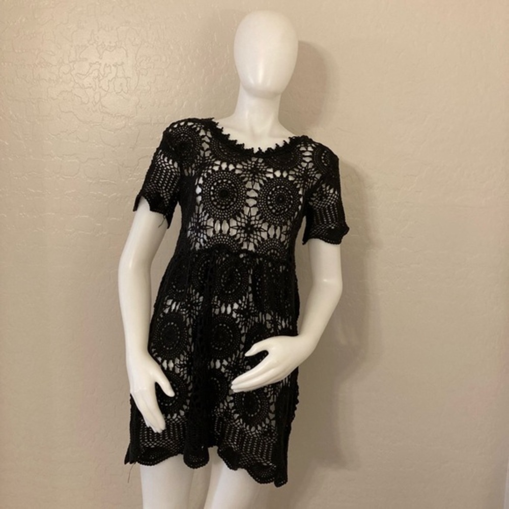 Vintage New York Style Black Open Crotchet Baby Doll Dress Medium
